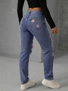 SHEIN EZwear 女士口袋纽扣做旧休闲百搭日常牛仔裤 - 紫色 - 查看 2