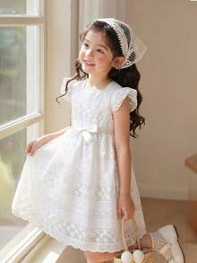 Genkimix Kids 1 pieza Vestido midi para niñas con cuello cuadrado de tela bordada blanca, volantes, mangas de campana, cinturón elástico en la cintura, estilo pastoril simple y versátil, vestido de princesa lindo - Beis - Ver 1