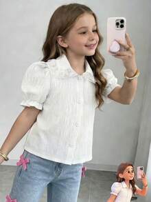 Blusa de niña con cuello Peter Pan de unicolor y ribete de encaje - Multicolor - Ver 3