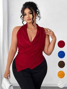 Elenzga 大码女式纯色十字垂领无袖亮面面料紧身吊带背心 - 酒紅色 - 查看 1