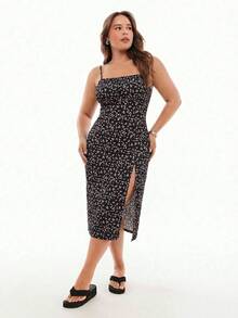 SHEIN EZwear 大码夏季休闲碎花侧开衩吊带连衣裙 - 彩色 - 查看 4