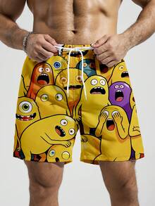 ZELFYO 男士抽绳腰卡通印花休闲沙滩短裤 - 黃色 - 查看 5