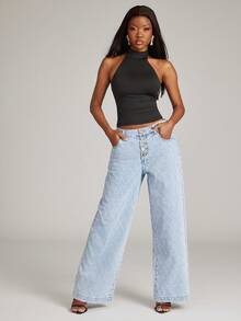 NYA SZN Denim Mid Rise Slouchy Wide Leg Baggy Light Wash Texture Diamond Button Detail Unique Bridal Shower Swimming Outfits For Women White Summer Basic Sexy - Light Wash - View 7