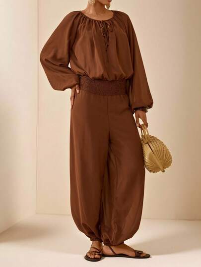 Lyxana Mono de pierna ancha con cintura con cordón, mangas de farol y nudo delantero, unicolor para vacaciones