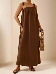 Vesra Vestido de tirantes finos sin espalda de unicolor casual para vacaciones - Marrón Mocha - Ver 1