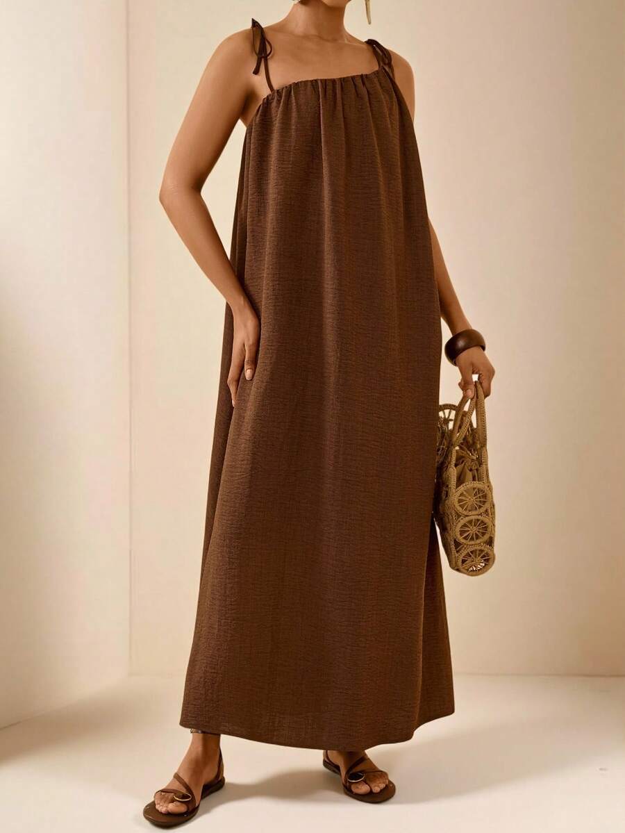 Vesra Vestido de tirantes finos sin espalda de unicolor casual para vacaciones - Marrón Mocha - Ver 1