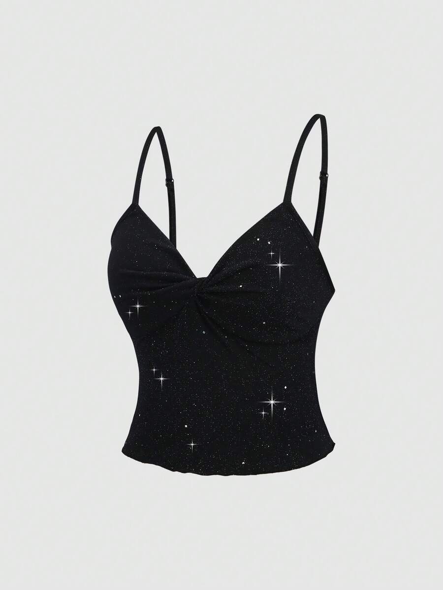 SHEIN MOOSTA Women's Textured Fabric Twist Front Casual Minimalist Camisole Tank Top, Spring/Summer - Black - View 1