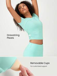 GLOWMODE FeatherFit™ Focus Drawstring Pleated Short Sleeve Tee Light Support Low Impact Yoga Pilates Studio Gym - Mint Blue - View 3