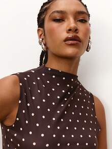 Daynim Polka Dot Print Mock Neck Sleeveless Blouse - Brown - View 4