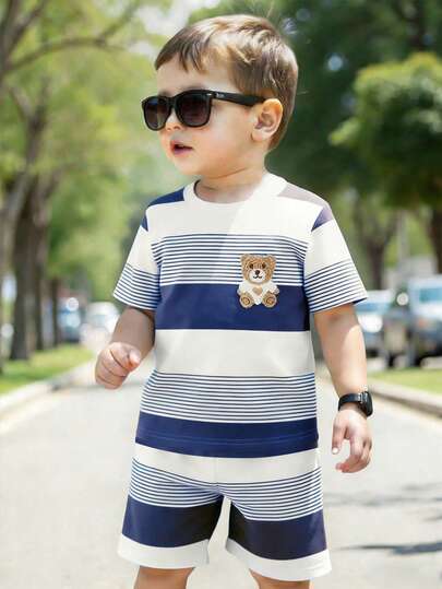 2pcs/Set Toddler Boys' Casual Creative Cute Bear & Heart Striped Print Short Sleeve T-Shirt And Shorts, Comfortable Daily Outfit For Spring, Summer