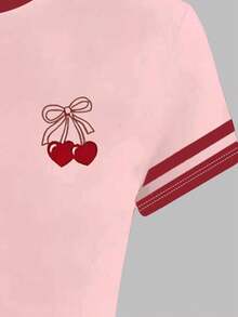 1pc Tween Girl Cute Fitted Short Sleeve Round Neck Butterfly Print T-Shirt, Contrast Color Trim. Adorable T-Shirt, Suitable For Tween Girl - Pink - View 4