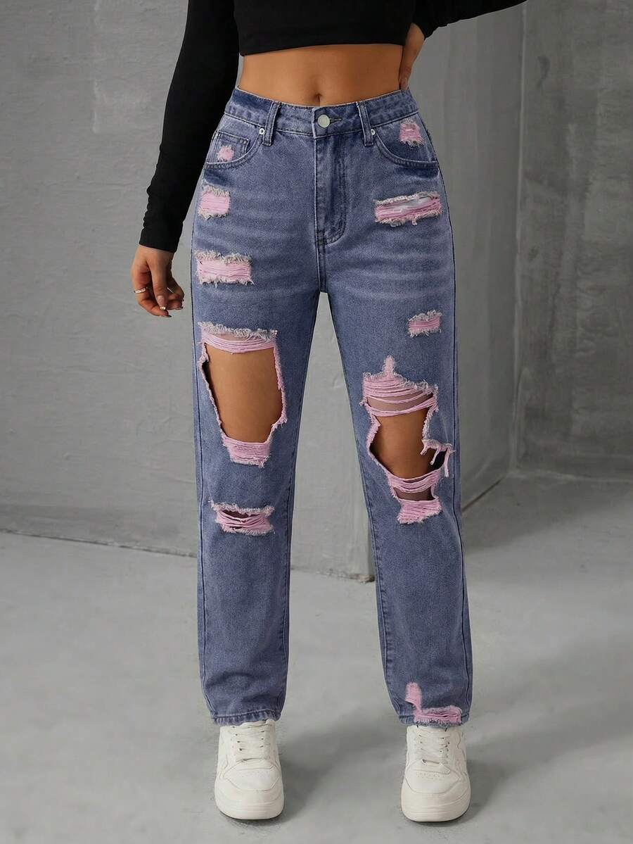 SHEIN EZwear 女士口袋纽扣做旧休闲百搭日常牛仔裤 - 紫色 - 查看 1