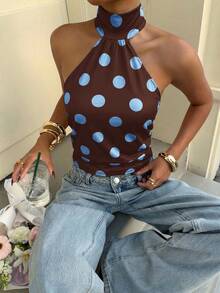Muchica 女士蓝色波点印花时尚露背吊带背心，适合外出、街头穿搭、Y2K风格，波点上衣 - 彩色 - 查看 5