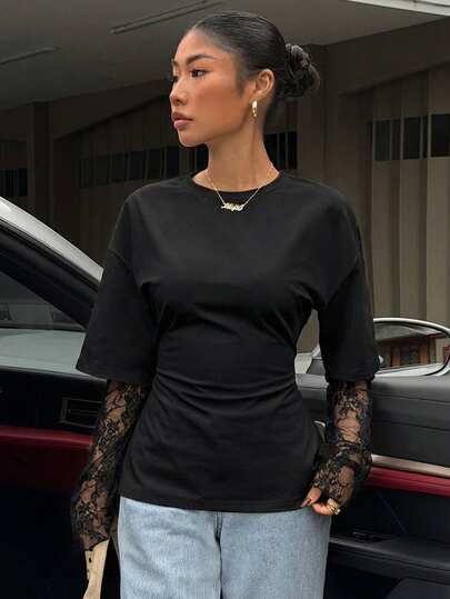 Muchica Women's Black Knit Lace Two-In-One T-Shirt With Waist Design, Suitable For Outings, Streetwear, Y2K Style, Black Lace Sleeve Top