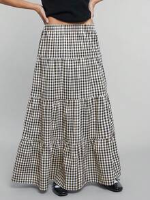 Women's Brown Plaid Print High Waist Ruffle Hem Skirt, Spring/Summer - Brown - View 5