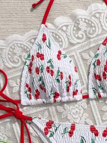 Swim Mod 2pcs/Set Women's Cherry Print White Cute Spaghetti Strap Bikini Set,New Arrival Summer Fashion Swimwear,Holiday Pool Party Beach Resort Outfit - Multicolor - View 5