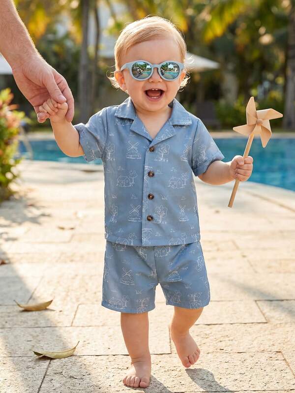 Souflis Souflis 2pcs Baby Boy Toddler/Newborn 0-3Y Spring/Summer Casual Elegant Resort Gentleman Cute Tropical Pattern Shirt Jacket Top & Shorts Set