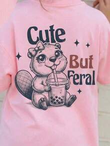 女童圆领卡通字母印花休闲百搭日常短袖T恤 - 粉色 - 查看 3