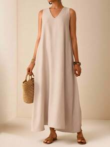 Vesra Apricot V-Neck A-Line Casual Vacation Dress For Women - Apricot - View 1