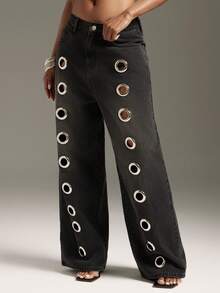 Denimoi O-Ring Metal Hardware Detail Wide Leg Jeans Fashionable Streetwear Statement Jeans - Black - View 3