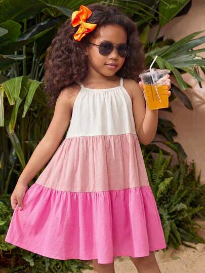 SHEIN Young Girl Vacation Casual Street Chic Halter A-Line Color Block Splice Dress, Suitable For Vacation, Beach, Seaside