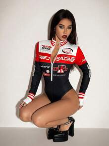 SHEIN ICON Body de mujer con estampado de letras, manga larga y cremallera frontal hasta la mitad - Multicolor - Ver 5