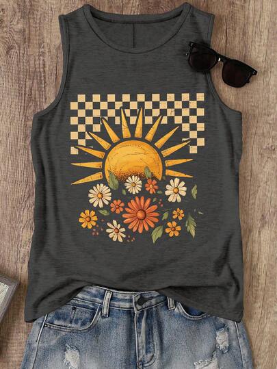 EMERY ROSE Blusa sin mangas casual con estampado floral y de sol para mujer talla grande