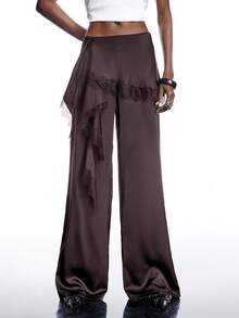 LYSMO Quần ống rộng dáng suông phối ren màu nâu tối giản mới năm 2026, đa năng, thích hợp cho việc đi làm. - màu nâu - Xem 6