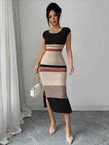 Elenzga Vestido de punto elegante de manga corta con cuello en U, ajustado, de largo medio y bajo con abertura, diseño de rayas, estilo versátil de señora, nuevo para primavera/verano - Multicolor - Ver 4