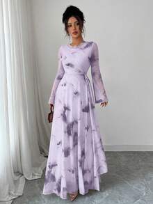 Modelyn Elegant Women's Mauve Purple All Over Print Round Neck Long Sleeve Flared A Line Long Dress - Mauve Purple - View 4