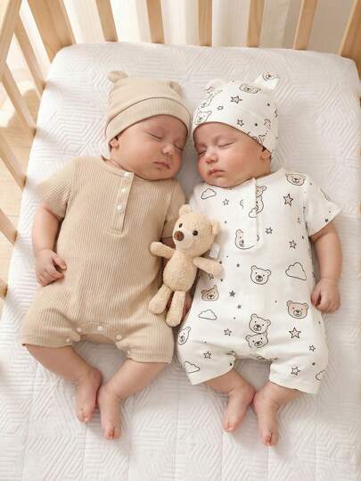 SHEIN 4pcs Newborn Baby Unisex Short Sleeve Romper, Cartoon Bear Print + Solid Texture Jumpsuit Shorts, Soft & Comfortable Clothing As Gift, Essential For Every Baby, Suitable For All Seasons And Outdoor Unisex Baby Clothes Neutral Newborn Baby Clothes Neutral Baby Outfit Baby Romper With Hat Bear Print Outfit