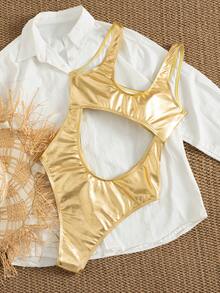 Swim SXY 新款女士纯色箔面面料连体泳衣，镂空方领沙滩度假款 - 金色 - 查看 5