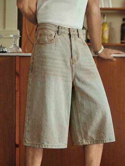 SWAVVY Men's Casual Pocketed Button Fly Wide Leg 7/8 Length Jeans, Versatile For Daily Wear