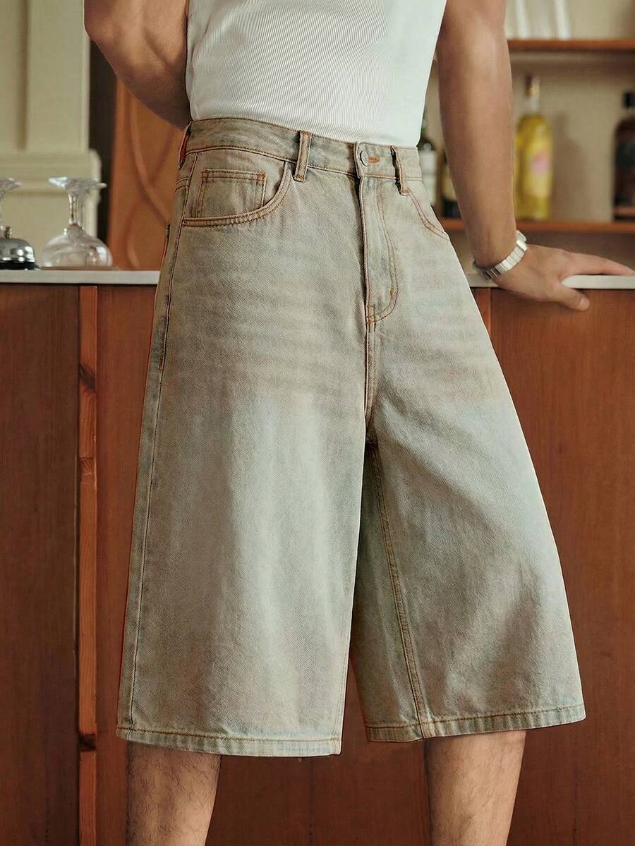 SWAVVY Men's Casual Pocketed Button Fly Wide Leg 7/8 Length Jeans, Versatile For Daily Wear - Khaki - View 1