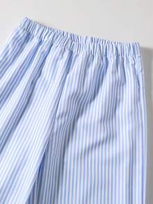 SHEIN 适合度假、上学的少女休闲街头服饰，卡通印花条纹衬衫和裤子套装 - 藍色 - 查看 7