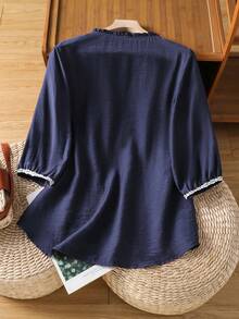 Franclia 女士亚麻混纺五分袖刺绣衬衫，新款春夏高端薄款休闲套头衫，时尚百搭度假上衣 - 藏蓝色 - 查看 2