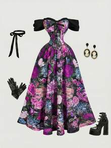 SHEIN MOD 女士印花露肩优雅收腰长款派对连衣裙 - 紫色 - 查看 3