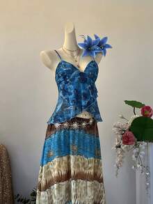 SuriyaCove 女士低领荷叶边腰果印花吊带衫 - 藍色 - 查看 7