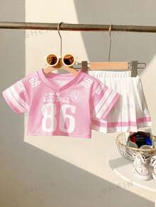 Souflis Souflis 2件套女婴幼儿0-3岁时尚V领粉色短袖针织上衣和百褶裙套装 - 粉色 - 查看 3