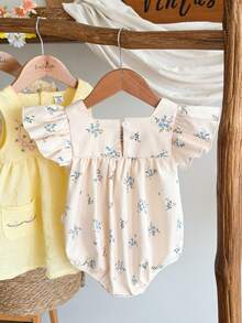 Vintaside Kids 1件女嬰清新綠色格紋荷葉袖連身衣，柔軟舒適面料，可愛公主休閒風，米色夏季可愛派對戶外旅行款 - 白色 - 查看 2