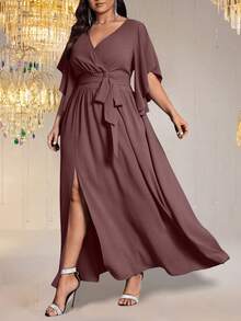 Auvina Đầm dự tiệc thanh lịch dành cho nữ cỡ lớn, màu trơn, ôm sát, cổ chữ V, tay loe, thắt eo, xếp ly, xẻ tà. - Màu nâu Sô-cô-la - Xem 4