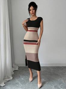 Elenzga Vestido de punto elegante de manga corta con cuello en U, ajustado, de largo medio y bajo con abertura, diseño de rayas, estilo versátil de señora, nuevo para primavera/verano - Multicolor - Ver 6