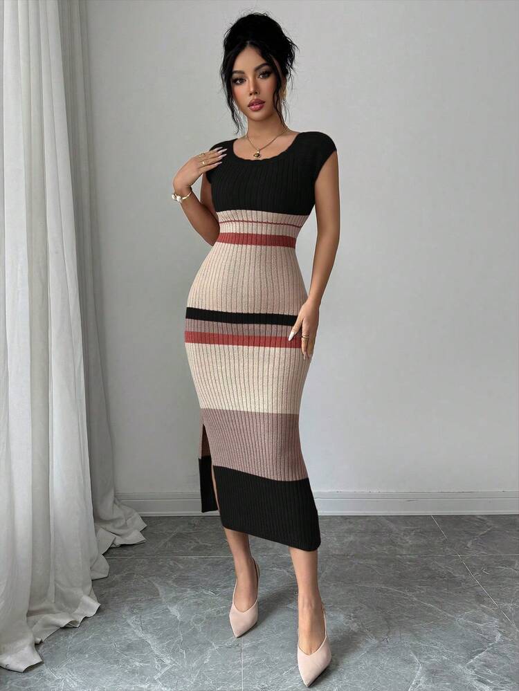Elenzga Women's Spring/Summer New U-Neck Fitted Mid-Length Slit Hem Short Sleeve Elegant High-End Knit Dress, Striped Design, Versatile Lady Style - Multicolor - View 6