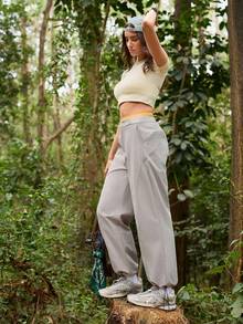 SHEIN In My Nature 女士纯色口袋纽扣休闲百搭日常户外运动裤 - 灰色 - 查看 7