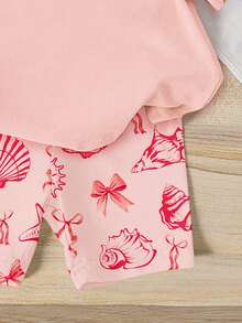 SHEIN 2pcs/Set Baby Girls' Casual Loose Round Neck Short Sleeve T-Shirt With Cute Sea Creature, Shell, Bow Print And Fitted Bike Shorts, Suitable For Spring/Summer, Casual, Beach, Weekend, Adorable Summer Outfit, Korean Style, Summer Outerwear, Baby Girl Summer Clothes, Baby Girl Shell Set, Baby Girl Beach Set - Multicolor - View 5