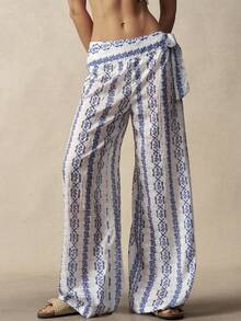 Bohemela 女士休闲宽松梭织裤，适合度假穿着 - 藍白色 - 查看 1