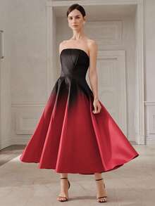 Anewsta Fashionable New Ombre Strapless Dress, Waist Cinching Slimming Cocktail Dress For Women - Red - View 3