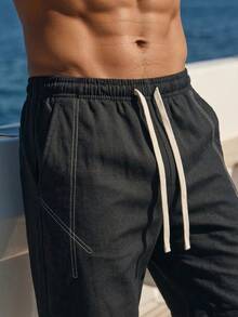 Manfinity RSRT Pantalones casuales para hombres con bolsillos, cintura elástica con cordón, ajuste holgado, para vacaciones - Negro - Ver 4