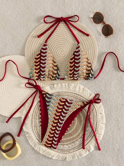 Swim Vcay 2026 Women's Retro Crochet Wavy Colorblock Triangle Bikini Swimsuit