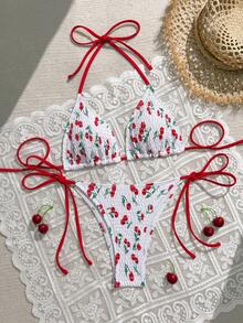 Swim Mod 2pcs/Set Women's Cherry Print White Cute Spaghetti Strap Bikini Set,New Arrival Summer Fashion Swimwear,Holiday Pool Party Beach Resort Outfit - Multicolor - View 3